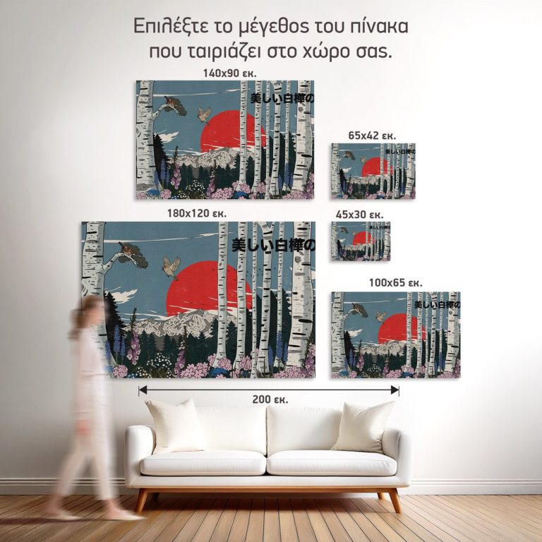 Οι πέντε διαθέσιμες διαστάσεις του πίνακα «Όμορφο Δάσος Σημύδων» σε τοίχο δωματίου
