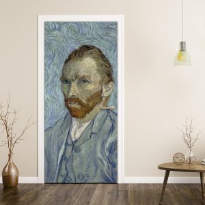 Αυτοκόλλητο πόρτας Αυτοπροσωπογραφία 1889, Βαν Γκογκ — η αυτοπροσωπογραφία του 1889, με το φόντο να κυματίζει γύρω από το