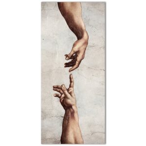Το σχέδιο του αυτοκόλλητου πόρτας Χέρια που Αγγίζονται: δύο χέρια που τεντώνονται το ένα προς το άλλο, σε πέτρινο φόντο