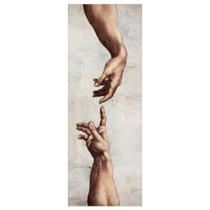 Το σχέδιο του αυτοκόλλητου πόρτας Χέρια που Αγγίζονται: δύο χέρια που τεντώνονται το ένα προς το άλλο, σε πέτρινο φόντο