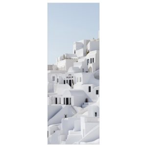 Το σχέδιο του αυτοκόλλητου πόρτας Λευκή Σαντορίνη: ολόλευκα κλιμακωτά σπίτια της Σαντορίνης