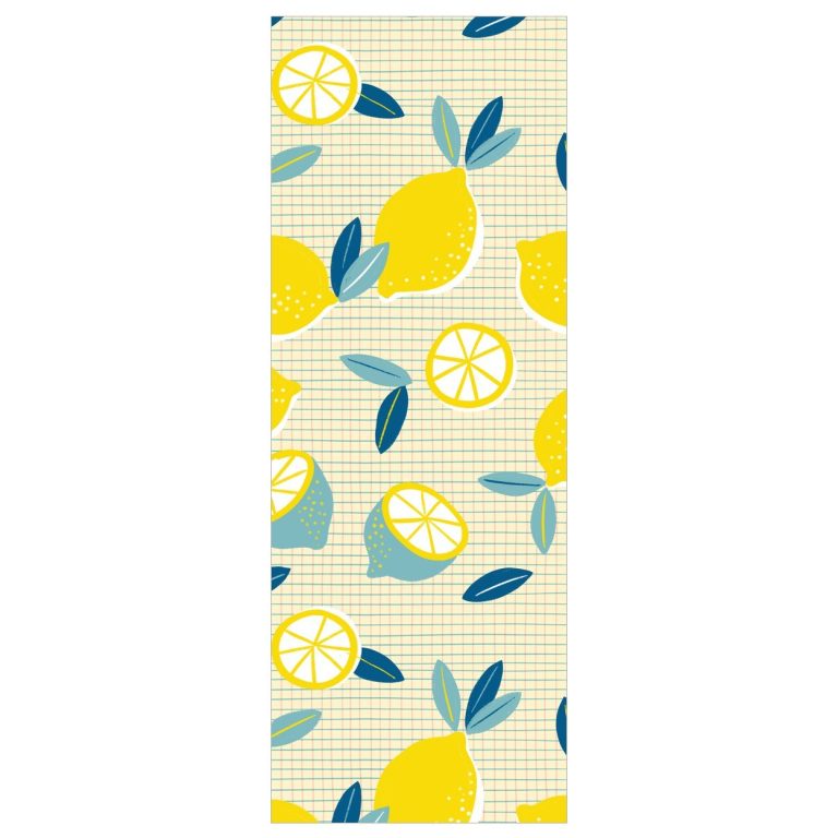 Το σχέδιο του αυτοκόλλητου πόρτας Λεμόνια σε Καρό: κίτρινα λεμόνια και φέτες σε καρό φόντο, καθαρό μοτίβο κουζίνας