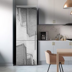 Αυτοκόλλητο ψυγείου Πύργοι της Πόλης — ασπρόμαυροι ουρανοξύστες που υψώνονται ο ένας πίσω από τον άλλο, τοποθετημένο σε