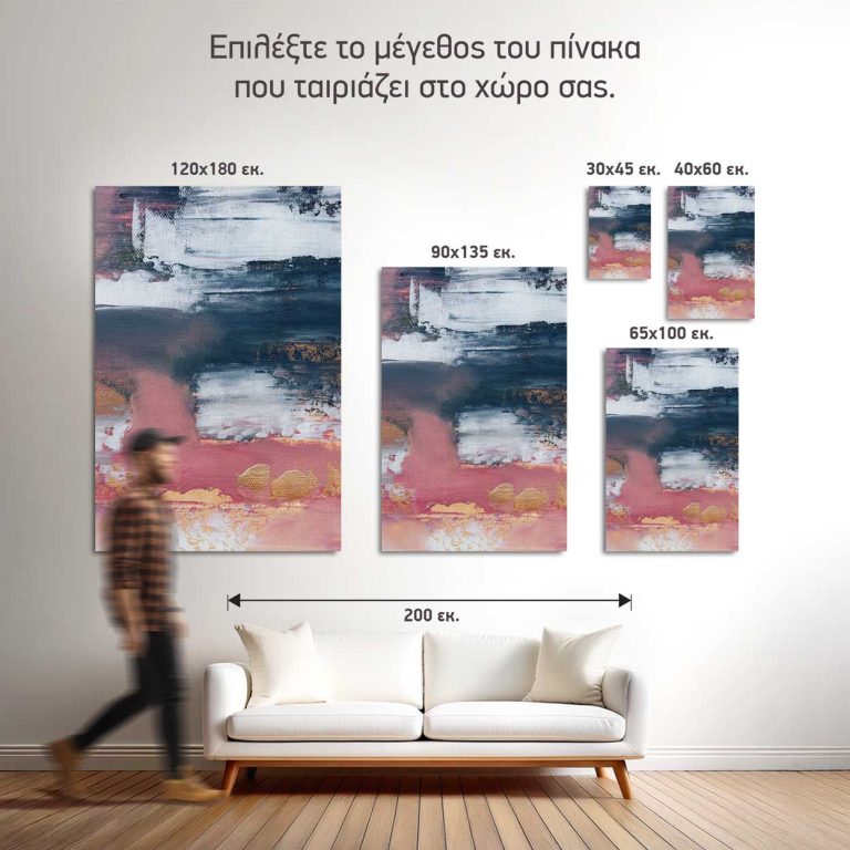 Σύγκριση των πέντε διαθέσιμων διαστάσεων του πίνακα «Στρώσεις σε Μπλε και Ροζ» σε τοίχο σαλονιού