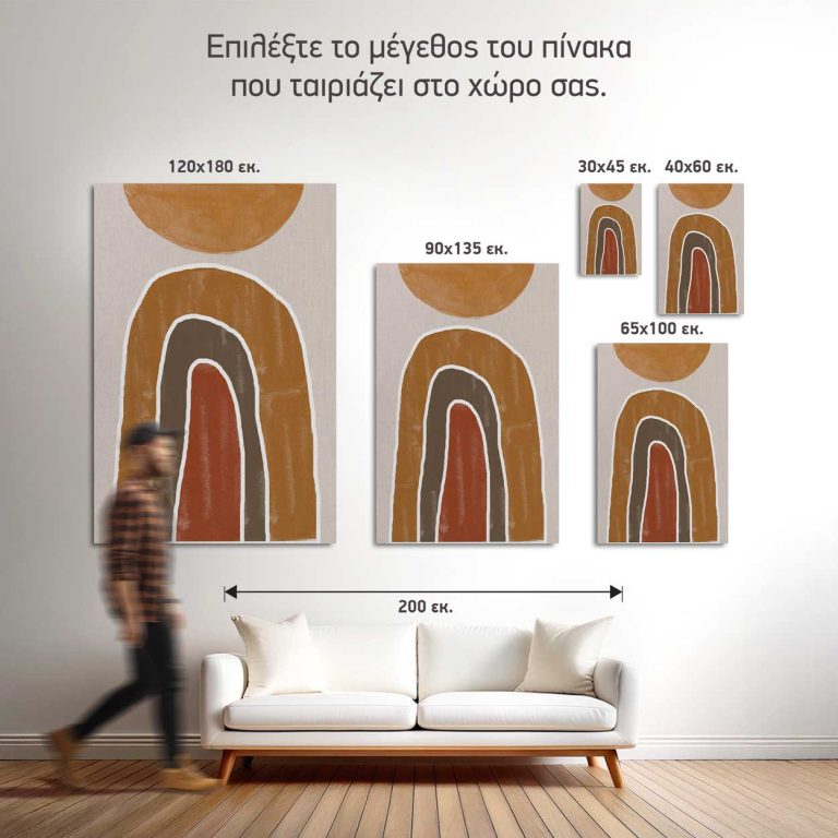Σύγκριση των πέντε διαθέσιμων διαστάσεων του πίνακα «Γήινη Αψίδα» σε τοίχο σαλονιού