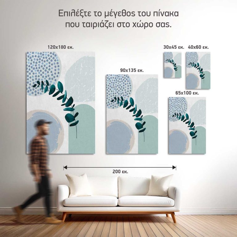 Σύγκριση των πέντε διαθέσιμων διαστάσεων του πίνακα «Ευκάλυπτος σε Μπλε» σε τοίχο σαλονιού
