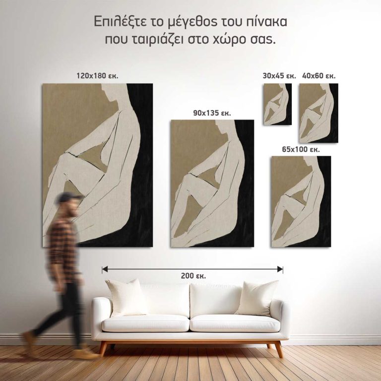 Σύγκριση των πέντε διαθέσιμων διαστάσεων του πίνακα «Καθιστή Φιγούρα» σε τοίχο σαλονιού