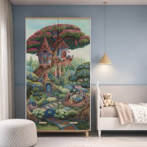 Παιδικό αυτοκόλλητο ντουλάπας Bluebird Cottage σε ντουλάπα παιδικού δωματίου — μπλε σπιτάκι σε ανθισμένο δέντρο με ροζ λουλούδια