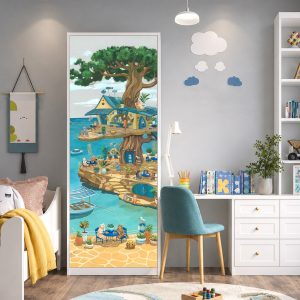 Παιδικό αυτοκόλλητο ντουλάπας Cats Cafe σε ντουλάπα παιδικού δωματίου — καφέ για γάτες σε δέντρο δίπλα στη θάλασσα