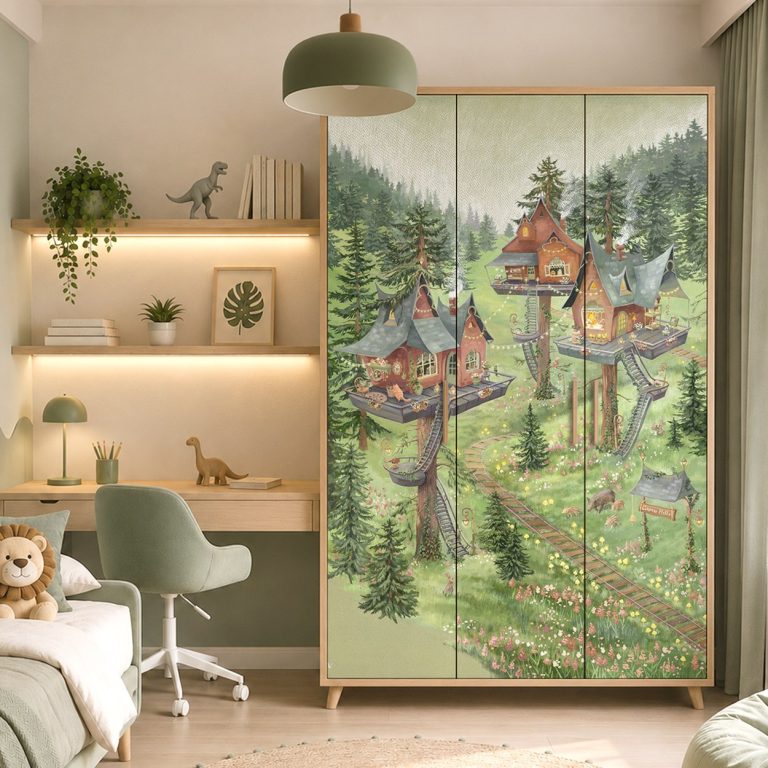 Παιδικό αυτοκόλλητο ντουλάπας Tea Time Treetop σε ντουλάπα παιδικού δωματίου — δεντρόσπιτα σε πευκοδάσος με γέφυρες