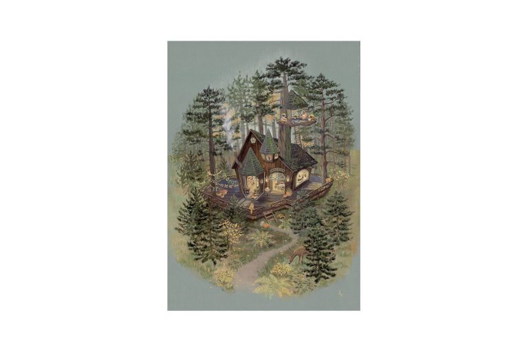 Το σχέδιο του αυτοκόλλητου ντουλάπας Tiny Woodland Shop, ζωγραφική της Julia Vaihicheva