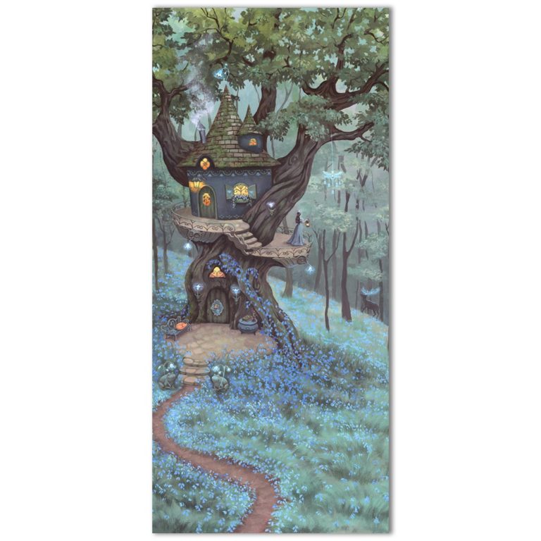 Το σχέδιο του αυτοκόλλητου πόρτας Bluebell Treetop όπως τυπώνεται, σε αναλογία πόρτας