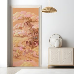 Αυτοκόλλητο πόρτας Little Lamb Bakery σε πόρτα δωματίου — ζαχαροπλαστείο για αρνάκια σε ροζ δέντρο