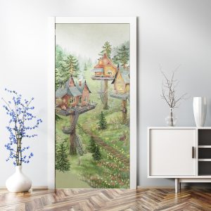 Αυτοκόλλητο πόρτας Tea Time Treetop σε πόρτα δωματίου — δεντρόσπιτα σε πευκοδάσος με γέφυρες