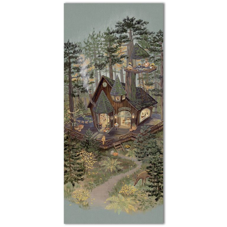 Το σχέδιο του αυτοκόλλητου πόρτας Tiny Woodland Shop όπως τυπώνεται, σε αναλογία πόρτας