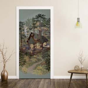 Αυτοκόλλητο πόρτας Tiny Woodland Shop σε πόρτα δωματίου — μαγαζάκι σε δεντρόσπιτο στο πευκοδάσος