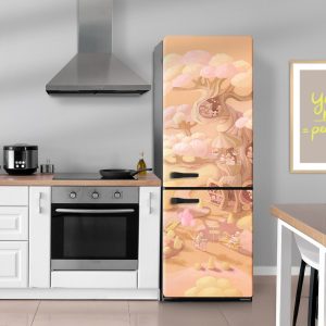 Αυτοκόλλητο ψυγείου Little Lamb Bakery σε ψυγείο κουζίνας — ζαχαροπλαστείο για αρνάκια σε ροζ δέντρο
