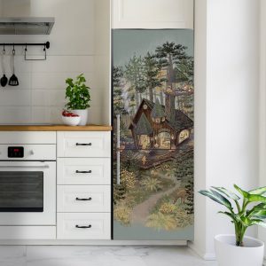 Αυτοκόλλητο ψυγείου Tiny Woodland Shop σε ψυγείο κουζίνας — μαγαζάκι σε δεντρόσπιτο στο πευκοδάσος