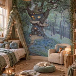Φωτοταπετσαρία Bluebell Treetop σε παιδικό δωμάτιο με κρεβάτι με κουνουπιέρα και πολυθρόνα
