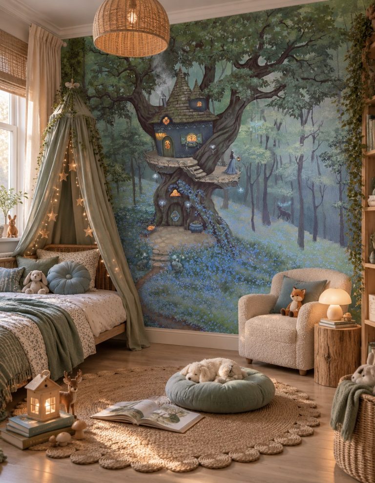 Φωτοταπετσαρία Bluebell Treetop σε παιδικό δωμάτιο με κρεβάτι με κουνουπιέρα και πολυθρόνα