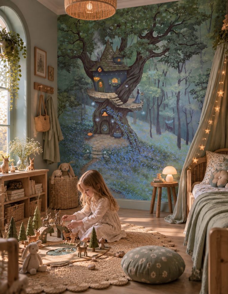 Φωτοταπετσαρία Bluebell Treetop σε παιδικό δωμάτιο με παιδί που παίζει στο χαλί