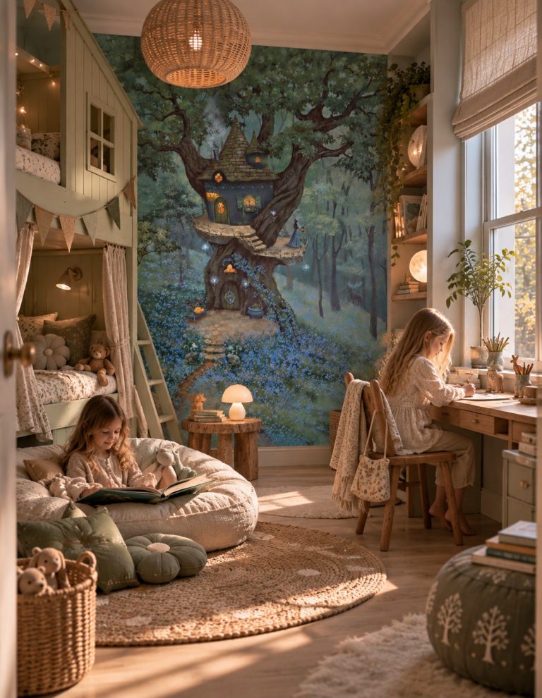 Φωτοταπετσαρία Bluebell Treetop σε παιδικό δωμάτιο με γωνιά διαβάσματος και γραφείο