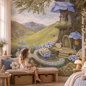 Φωτοταπετσαρία Blueberry Blues σε παιδικό δωμάτιο με παιδί καθισμένο σε ξύλινο παγκάκι