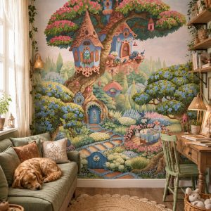 Φωτοταπετσαρία Bluebird Cottage σε παιδικό δωμάτιο με καναπέ και σκυλάκι