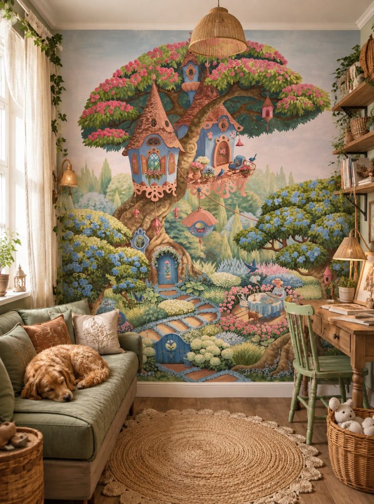 Φωτοταπετσαρία Bluebird Cottage σε παιδικό δωμάτιο με καναπέ και σκυλάκι