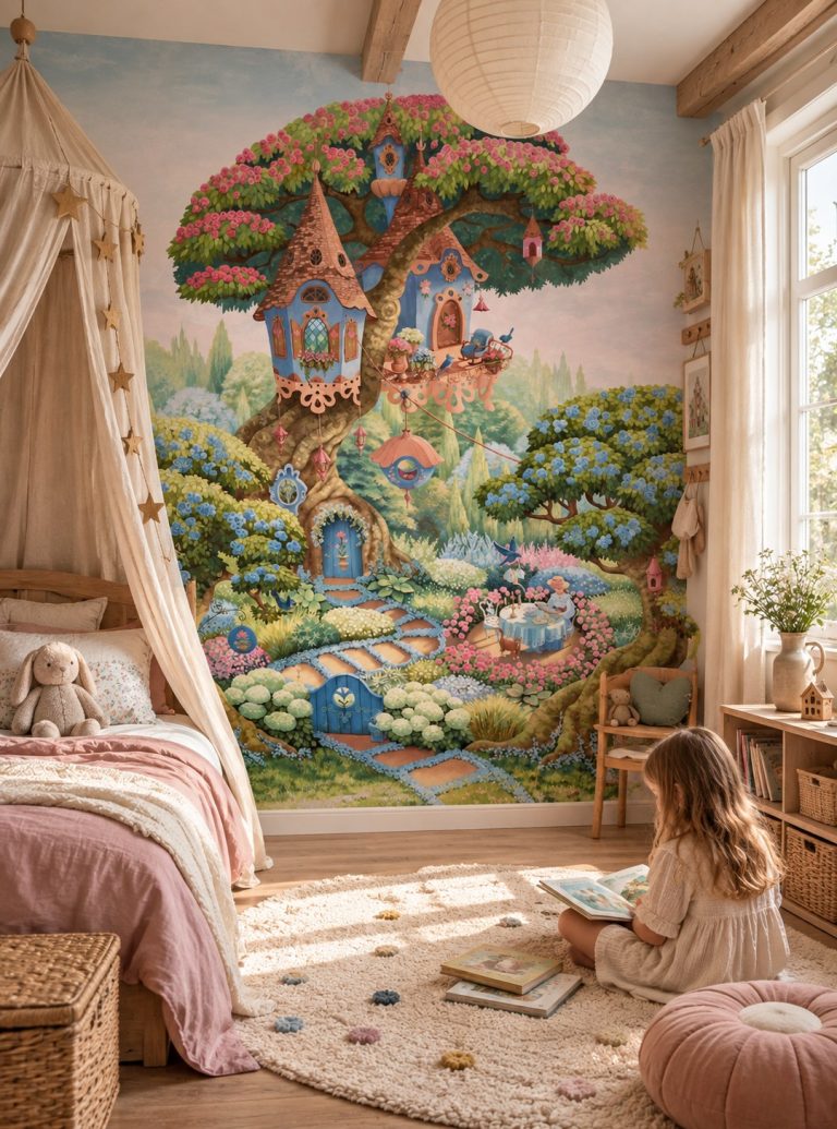 Φωτοταπετσαρία Bluebird Cottage σε παιδικό δωμάτιο με κρεβάτι με κουνουπιέρα και παιδί που διαβάζει