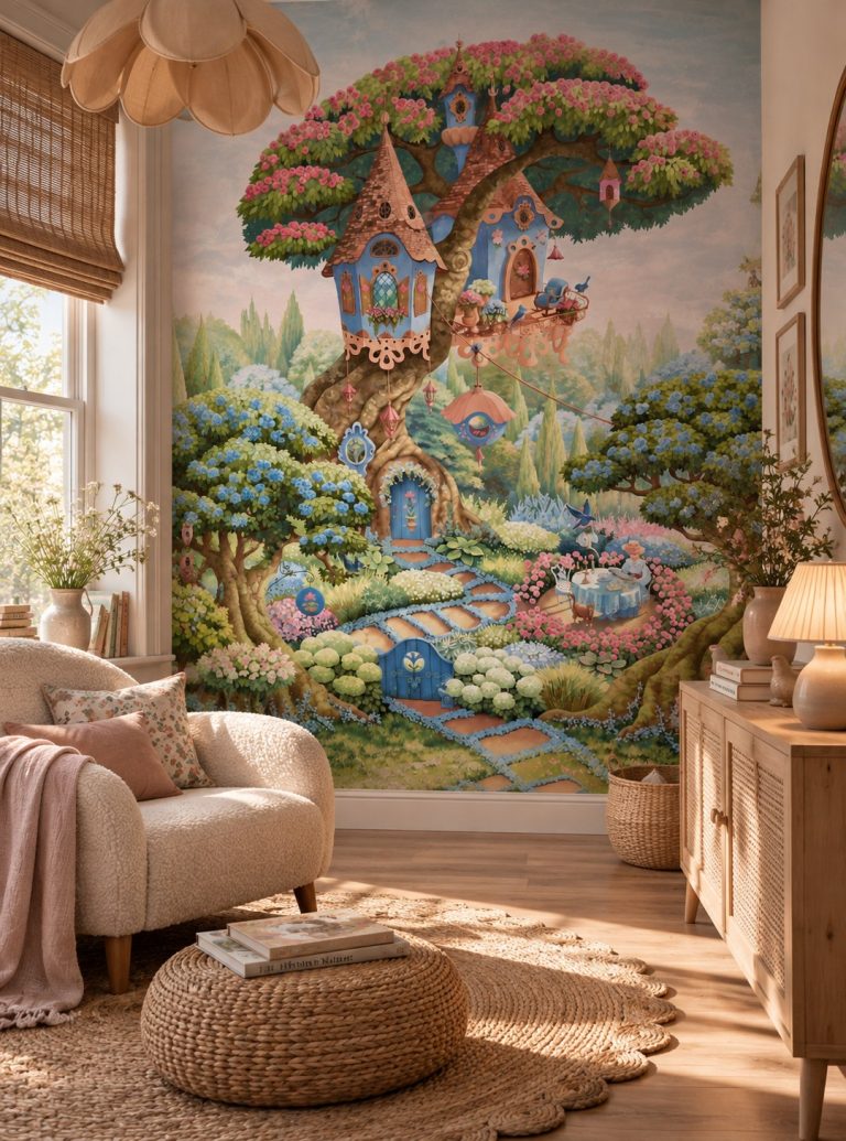 Φωτοταπετσαρία Bluebird Cottage σε παιδικό δωμάτιο με πολυθρόνα και ψάθινο πουφ