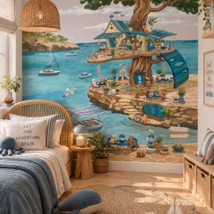 Φωτοταπετσαρία Cats Cafe σε παιδικό δωμάτιο με παιδιά που παίζουν στο χαλί