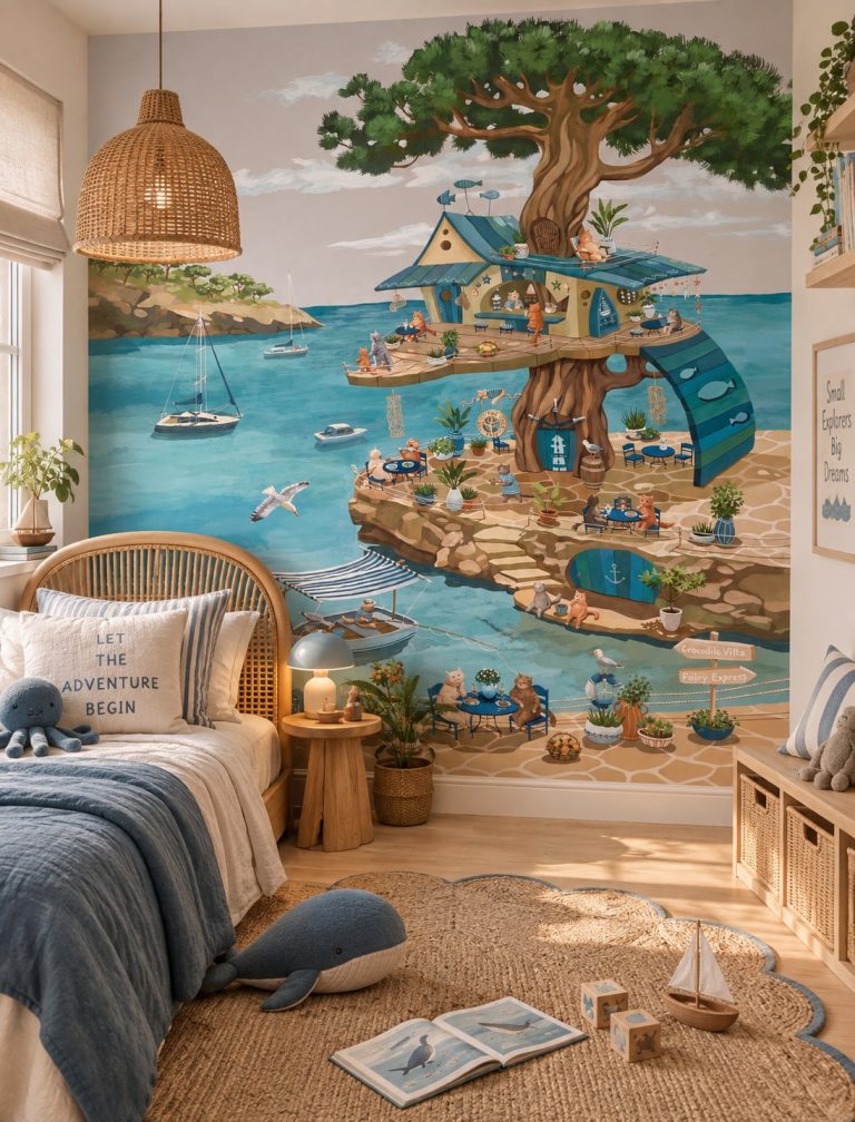Φωτοταπετσαρία Cats Cafe σε παιδικό δωμάτιο με παιδιά που παίζουν στο χαλί