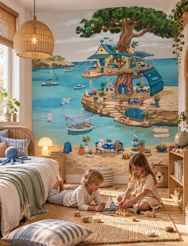 Φωτοταπετσαρία Cats Cafe σε παιδικό δωμάτιο με παιδί καθισμένο σε παγκάκι κάτω από το παράθυρο