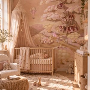 Φωτοταπετσαρία Little Lamb Bakery σε παιδικό δωμάτιο με κούνια και κουνουπιέρα