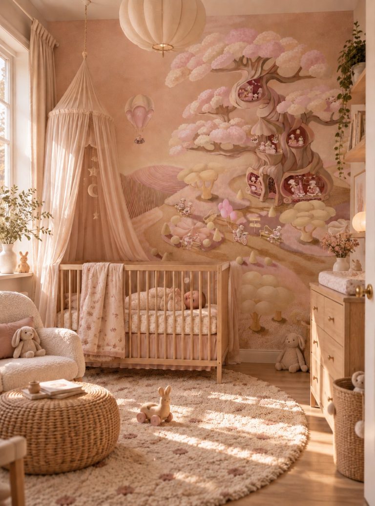 Φωτοταπετσαρία Little Lamb Bakery σε παιδικό δωμάτιο με κούνια και κουνουπιέρα