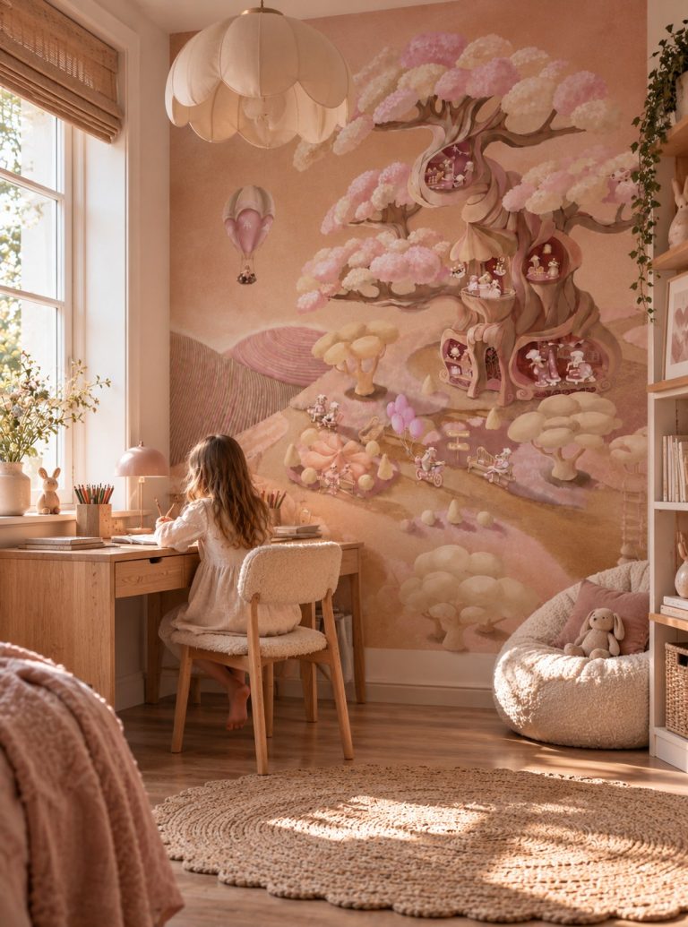 Φωτοταπετσαρία Little Lamb Bakery σε παιδικό δωμάτιο με γραφείο και πουφ