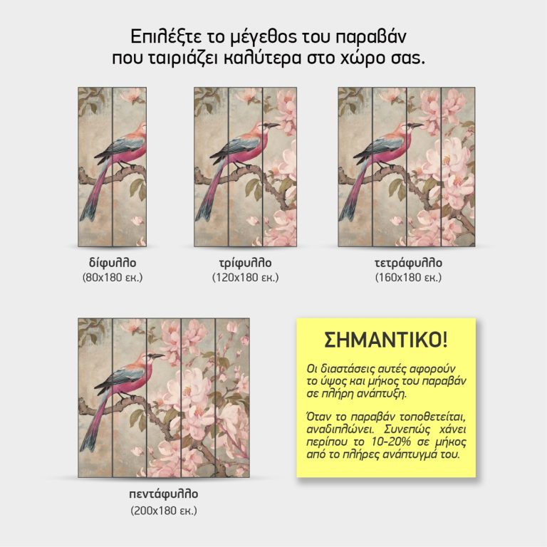 Μεγέθη παραβάν Ροζ Πουλί σε Ανθισμένο Κλαδί — δίφυλλο έως πεντάφυλλο