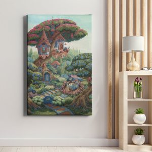 Πίνακας σε καμβά «Bluebird Cottage» κρεμασμένος σε τοίχο — μπλε σπιτάκι σε ανθισμένο δέντρο με ροζ λουλούδια