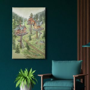 Πίνακας σε καμβά «Tea Time Treetop» κρεμασμένος σε τοίχο — δεντρόσπιτα σε πευκοδάσος με γέφυρες