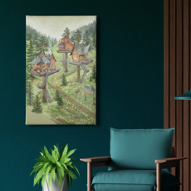Πίνακας σε καμβά «Tea Time Treetop» κρεμασμένος σε τοίχο — δεντρόσπιτα σε πευκοδάσος με γέφυρες