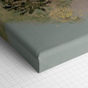 Λεπτομέρεια γωνίας του καμβά «Tiny Woodland Shop» — τυπωμένο πλαϊνό και ύφανση βαμβακερού καμβά