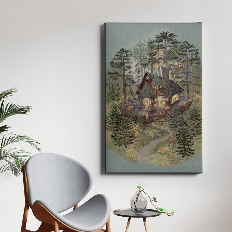 Πίνακας σε καμβά «Tiny Woodland Shop» κρεμασμένος σε τοίχο — μαγαζάκι σε δεντρόσπιτο στο πευκοδάσος