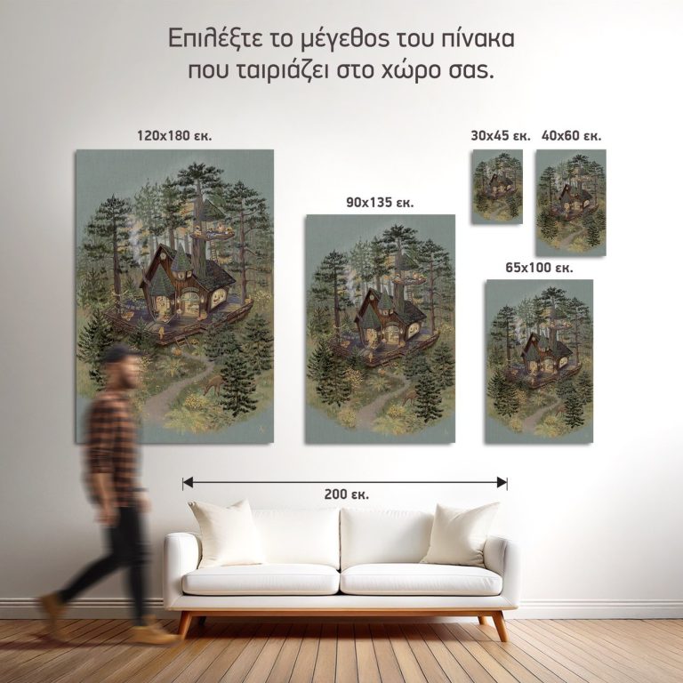 Σύγκριση των πέντε διαθέσιμων διαστάσεων του πίνακα «Tiny Woodland Shop»