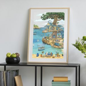 Πόστερ Cats Cafe σε κορνίζα σε παιδικό δωμάτιο — καφέ για γάτες σε δέντρο δίπλα στη θάλασσα