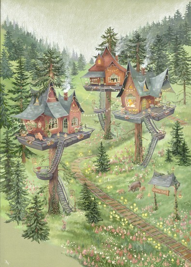 Το σχέδιο του πόστερ Tea Time Treetop: δεντρόσπιτα σε πευκοδάσος με γέφυρες