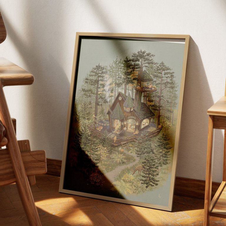 Πόστερ Tiny Woodland Shop σε κορνίζα ακουμπισμένο στο πάτωμα