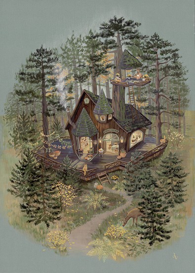 Το σχέδιο του πόστερ Tiny Woodland Shop: μαγαζάκι σε δεντρόσπιτο στο πευκοδάσος