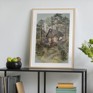 Πόστερ Tiny Woodland Shop σε κορνίζα σε παιδικό δωμάτιο — μαγαζάκι σε δεντρόσπιτο στο πευκοδάσος