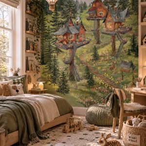 Φωτοταπετσαρία Tea Time Treetop σε παιδικό δωμάτιο με κρεβάτι και αερόστατο-φωτιστικό